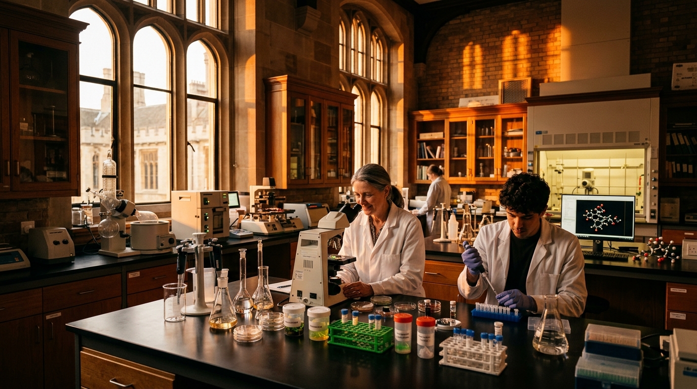 Researchers working in a warm-lit university laboratory