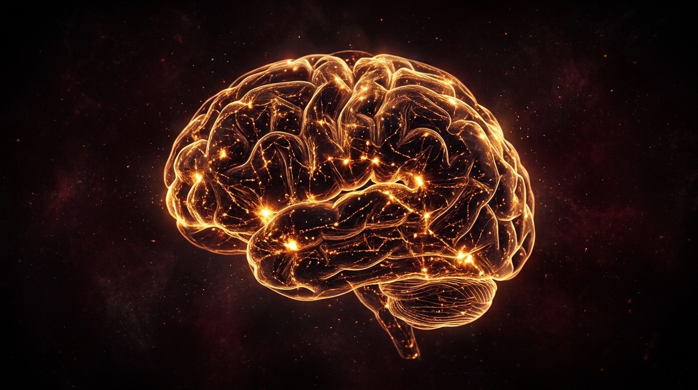 A luminous visualization of a human brain with glowing neural connections