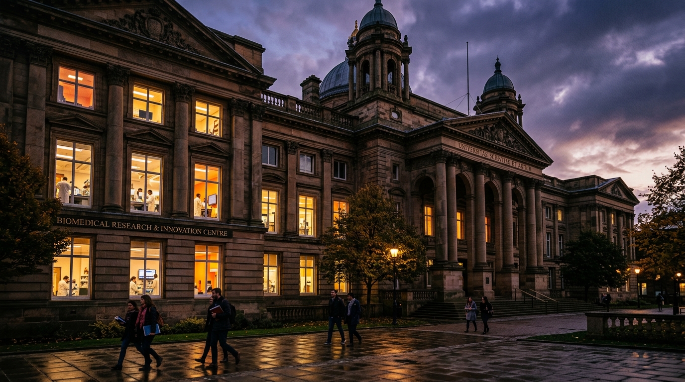 A prestigious university research building illuminated at dusk